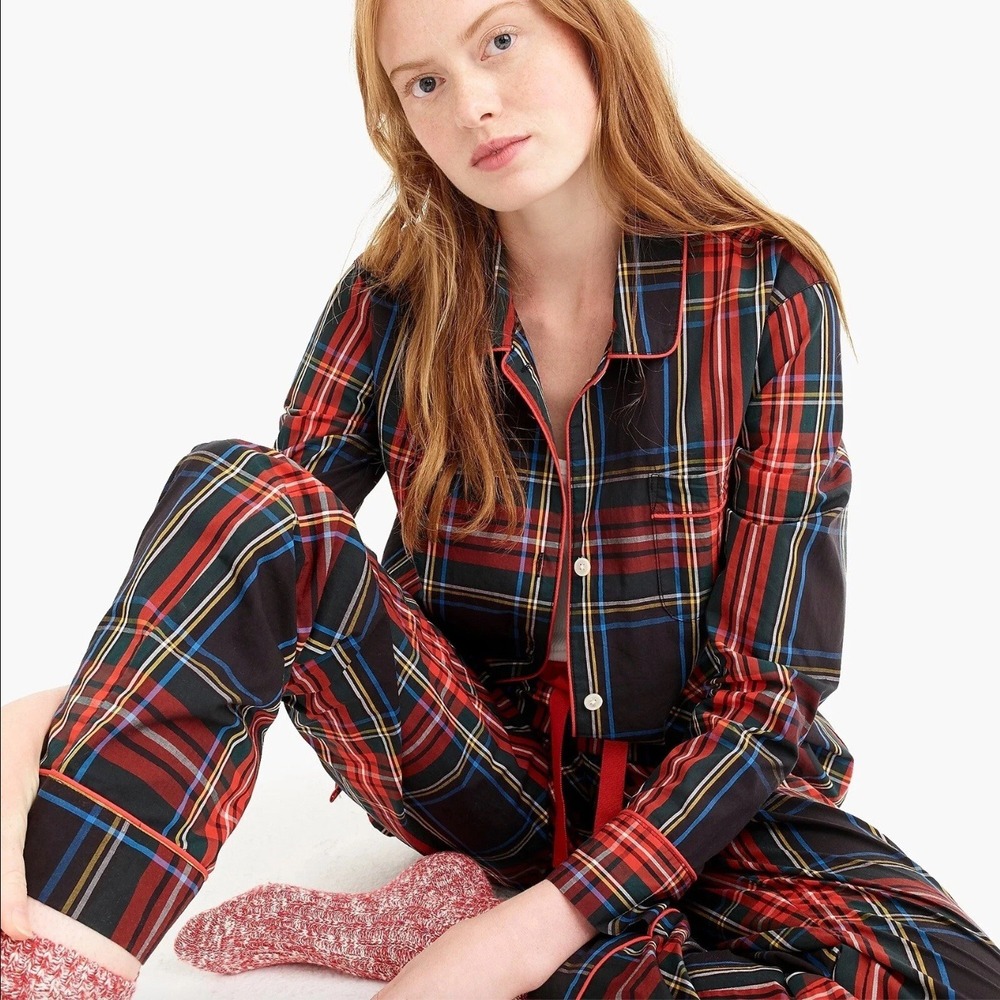 J.Crew Pajama Set Size M Navy Blue Tartan Plaid Cotton Sleepwear Classic Holiday